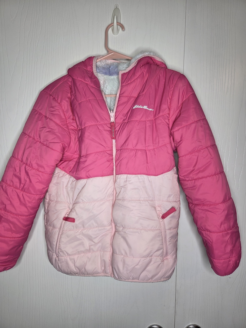 Eddie Bauer Kids Reversible Hooded Puffer Jacket Pink Colorblock Size L 14/16